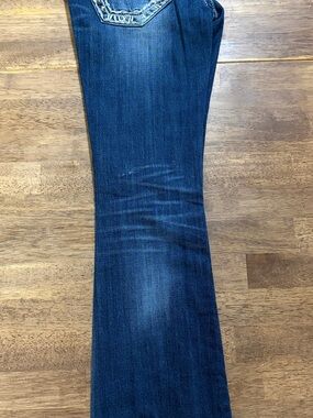 Miss Me Dark Blue Flare Jeans with Faded Whiskering